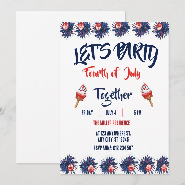 4th of July Red White Blue Fireworks Party  Invitation (Front/Back)