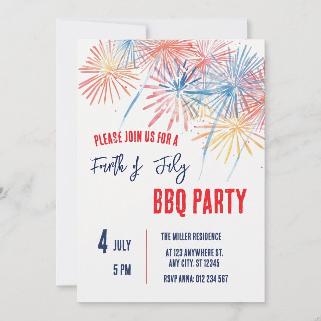 4th of July Red White Blue Fireworks Party  Invitation (Front)