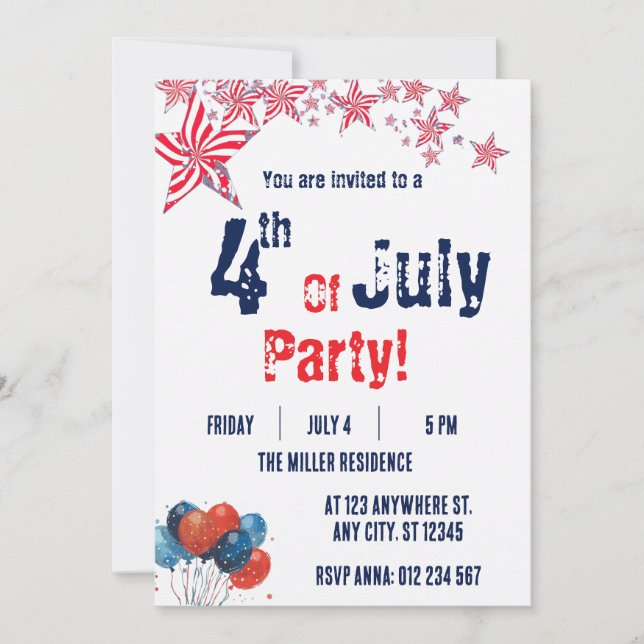 4th of July Red White Blue Fireworks Party  Invitation (Front)