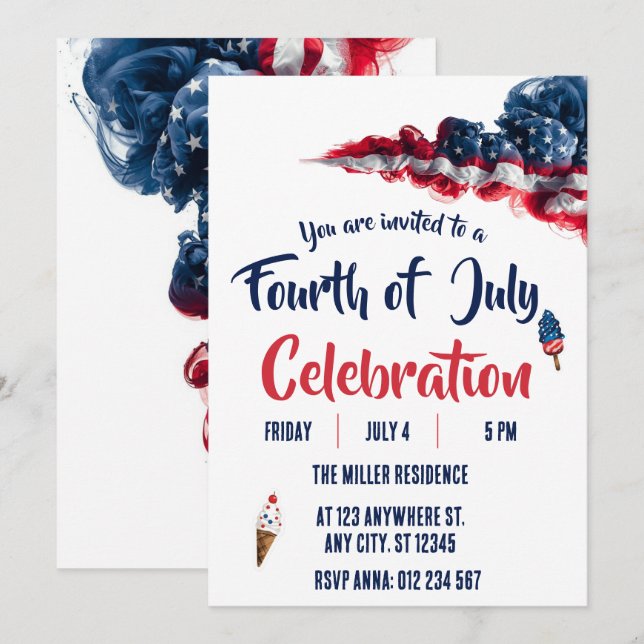 4th of July Red White Blue Fireworks Party  Invitation (Front/Back)