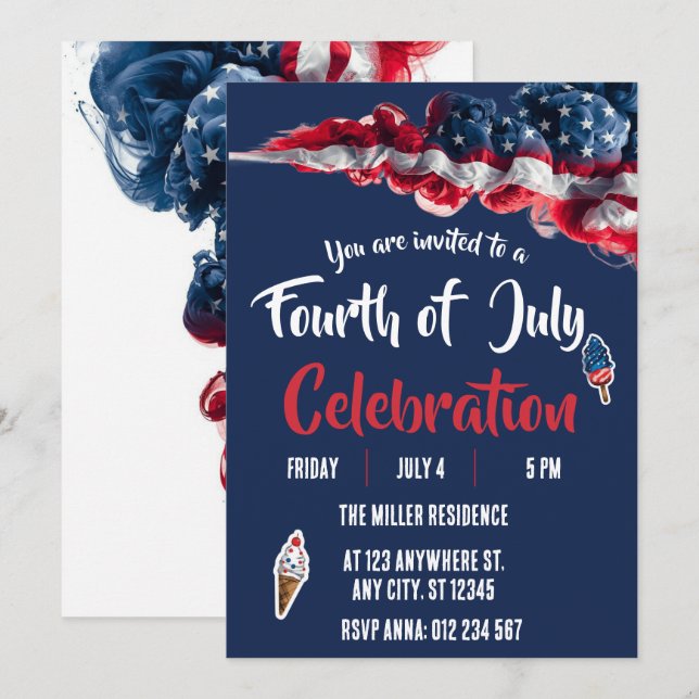 4th of July Red White Blue Fireworks Party  Invitation (Front/Back)