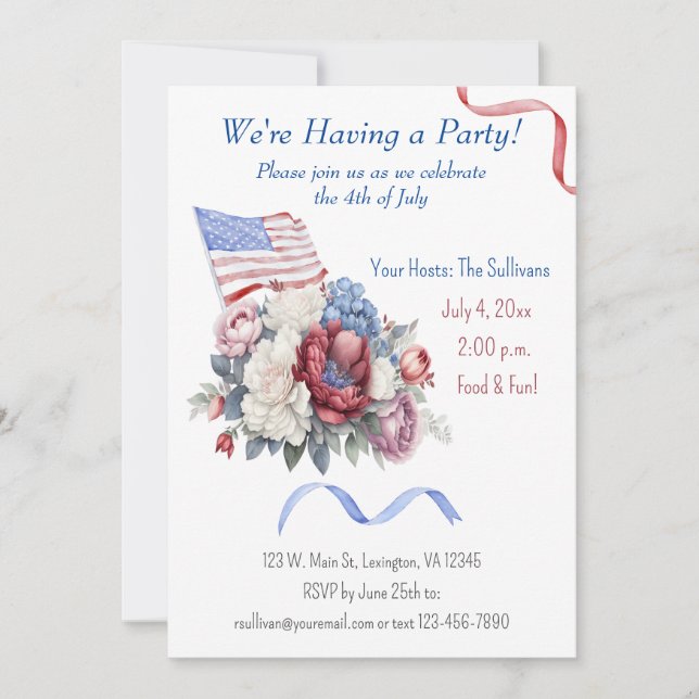 4th of July Red White Blue Florals Flag Invitation (Front)