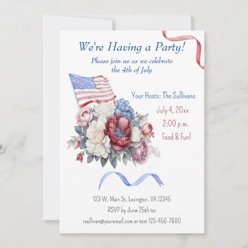 4th of July Red White Blue Florals Flag Invitation