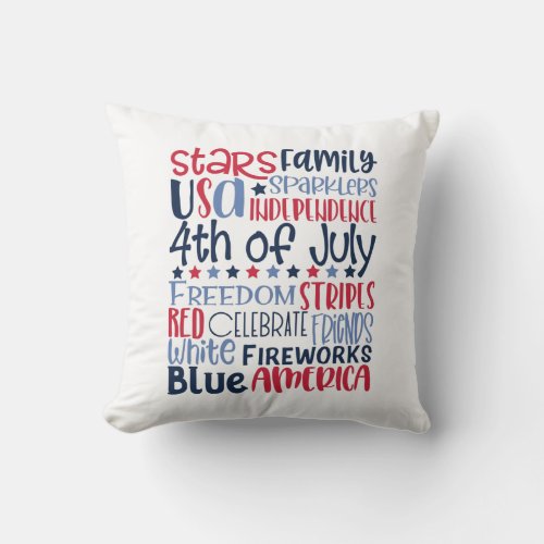 4th of July Red White Blue Modern Typography Throw Pillow