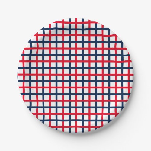 4th of July red white blue patriotic squared grid Paper Plates