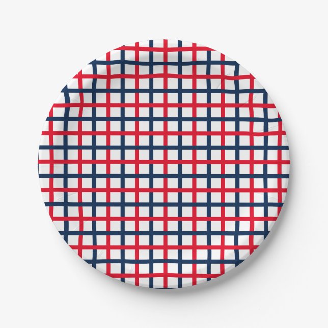 4th of July red white blue patriotic squared grid Paper Plates (Front)