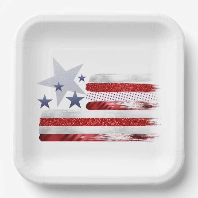 4th of July, red, white, blue square paper plate. Plates (Front)