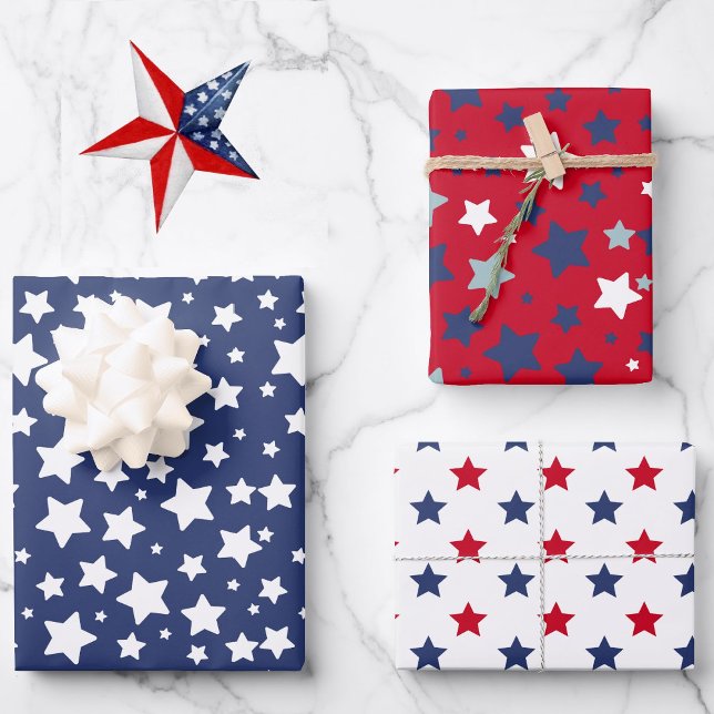 4th of July Red White Blue Stars 3 Wrapping Paper Sheets (Creator Uploaded)