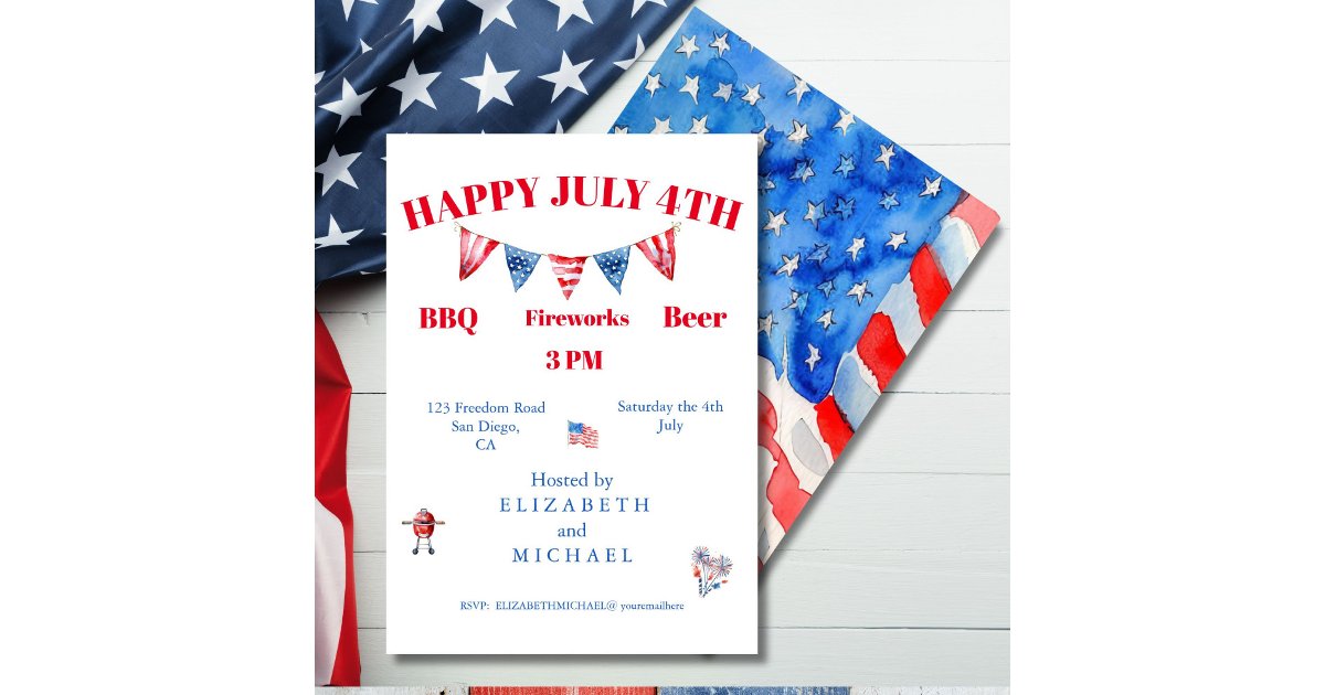 4th of July Red White Blue Stars BBQ Invitation | Zazzle
