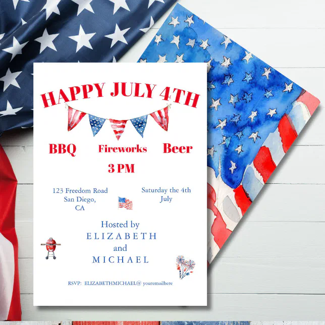 4th of July Red White Blue Stars BBQ Invitation | Zazzle
