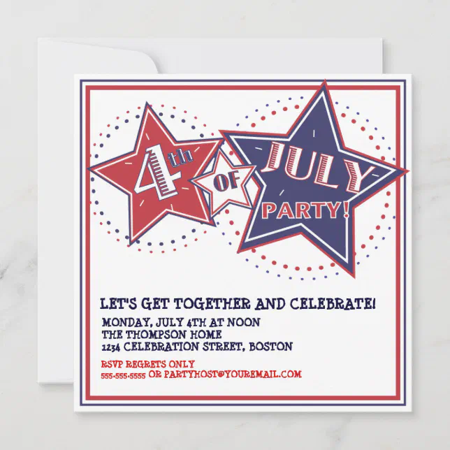 4th of July Red White Blue Stars Party Invitation | Zazzle