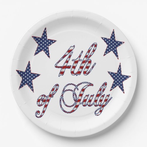 4th of July Red White Blue Text Stars and Stripes Paper Plates