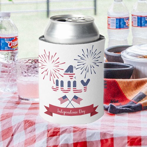 4th of July red white blue typography custom Can Cooler