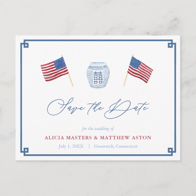 4th Of July Red White Blue Wedding Save The Date Postcard (Front)