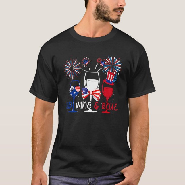 4th Of July Red White Blue Wine Glasses Fireworks  T-Shirt (Front)