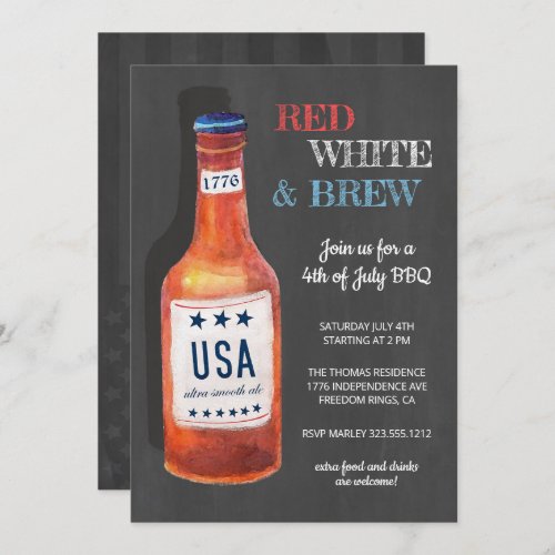 4th of July Red White Brew BBQ Chalkboard Invitation - Patriotic, modern 4th of July "Red, White & Brew" BBQ party invitation features a hand painted "USA" (ultra smooth ale) beer bottle on a chalkboard background with red, white and blue lettering.  Reverse side has an American flag overlay on a chalkboard background.  Original artwork KL Stock.