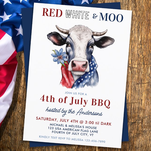 4th Of July Red White Moo Patriotic Farm Cow Party Invitation (Creator Uploaded)