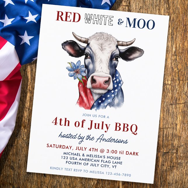 4th Of July Red White Moo Patriotic Farm Cow Party Invitation Postcard (Creator Uploaded)