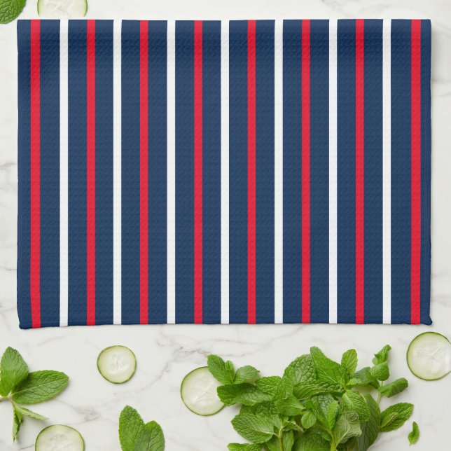 4th of July red white navy blue patriotic stripes Kitchen Towel (Folded)
