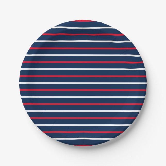 4th of July red white navy blue patriotic stripes Paper Plates (Front)