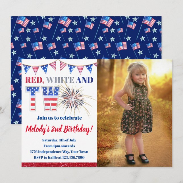 4th of July  Red White & TWO Firecracker Birthday Invitation (Front/Back)
