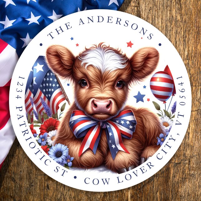4th Of July Return Address Cute Patriotic Cow Classic Round Sticker (Creator Uploaded)