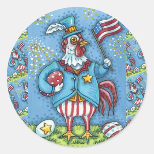 4TH OF JULY ROOSTER FUNNY PATRIOTIC CHICKEN CLASSIC ROUND STICKER