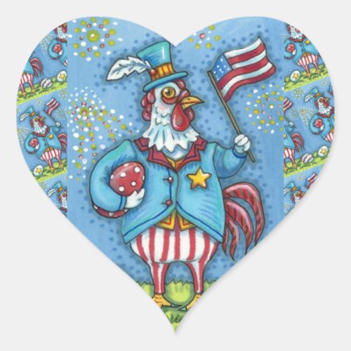 4TH OF JULY ROOSTER FUNNY PATRIOTIC CHICKEN HEART STICKER