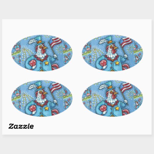 4TH OF JULY ROOSTER FUNNY PATRIOTIC CHICKEN OVAL STICKER