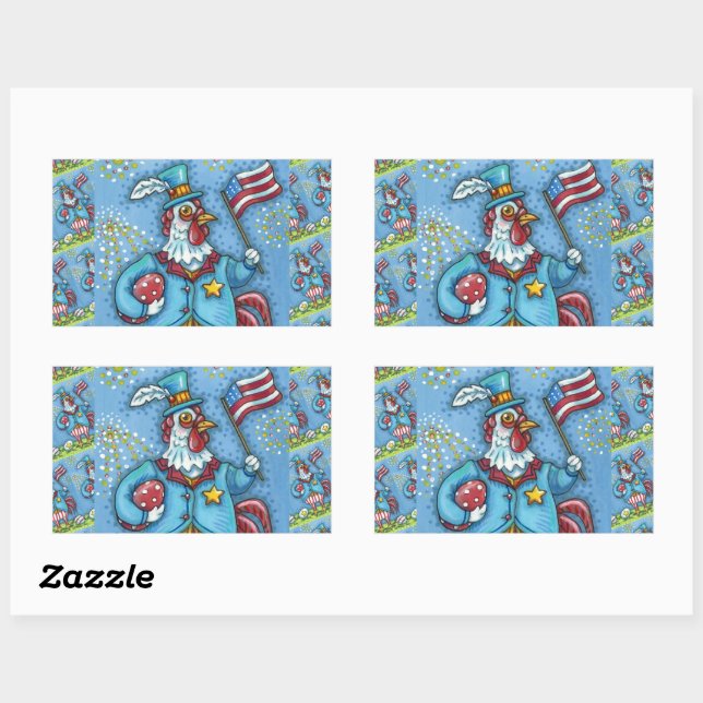 4TH OF JULY ROOSTER, FUNNY PATRIOTIC CHICKEN RECTANGULAR STICKER (Sheet)