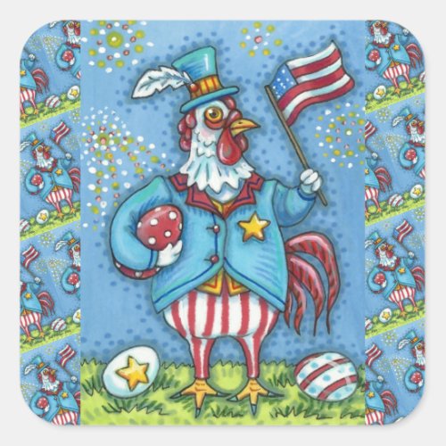 4TH OF JULY ROOSTER FUNNY PATRIOTIC CHICKEN SQUARE STICKER