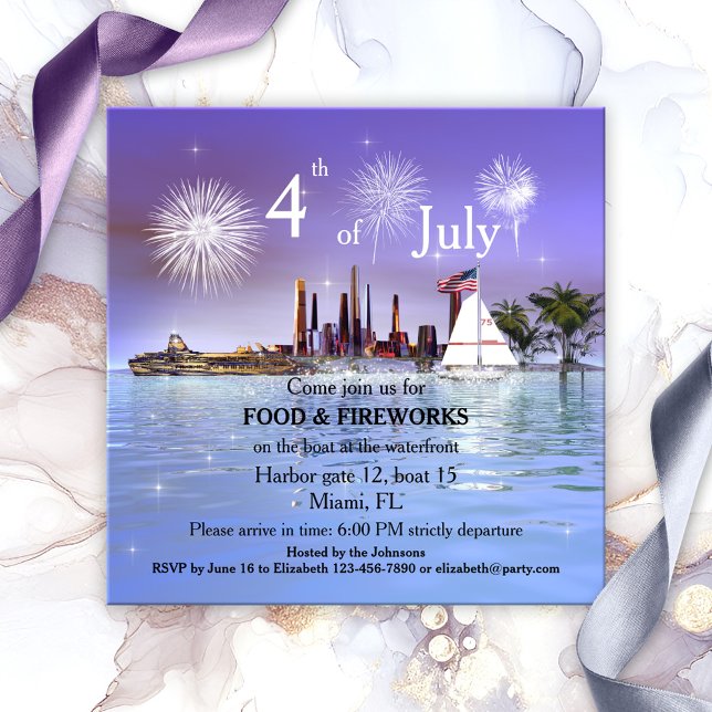 4th of July Sailing or Cruise Fireworks Invitation (Festive boating invitation for the 4th of July with fireworks at the harbor)