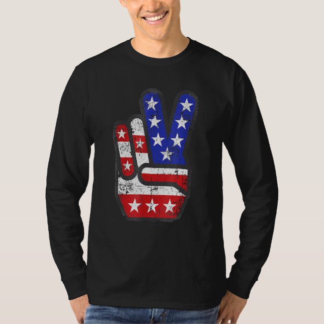 4th Of July Shirt American Flag Peace Sign Hand (Front)