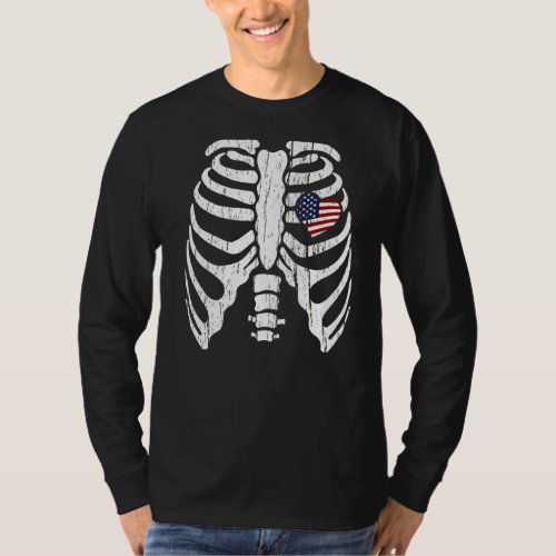 4th Of July Skeleton Heart Rib Cage X Ray Usa Flag T_Shirt
