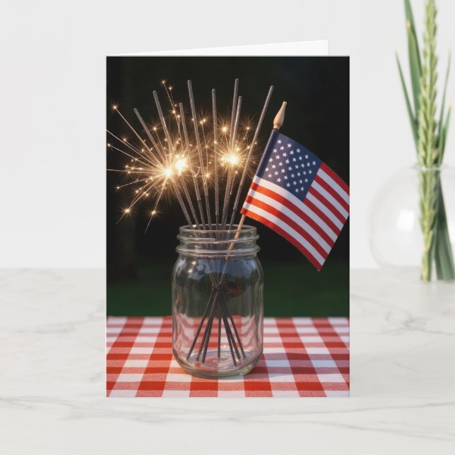4th of July Sparklers and Flag In a Mason Jar Card (Front)