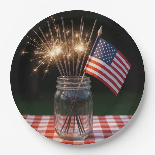 4th of July Sparklers With American Flag Paper Plates (Front)