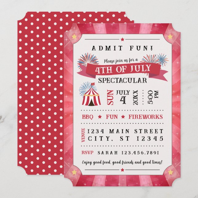 4th Of July Spectacular Ticket Invitation (Red) (Front/Back)