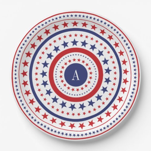 4th Of July Star Rings Monogram Party Paper Plates