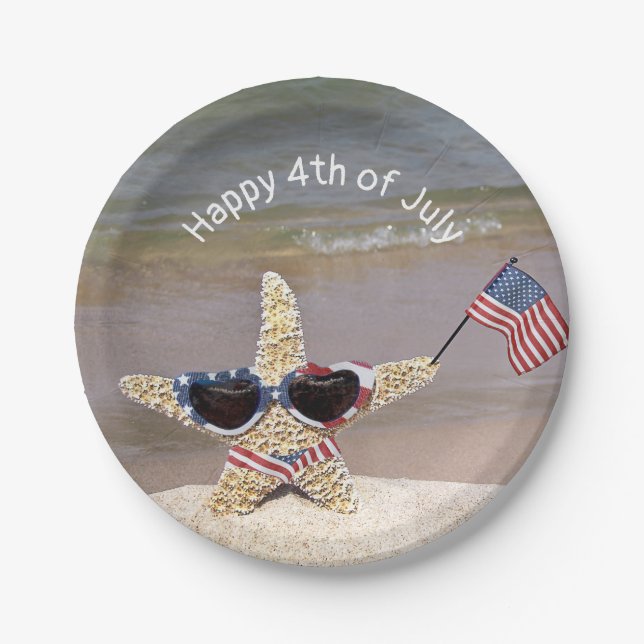 4th of July Starfish with American Flag Paper Plates (Front)