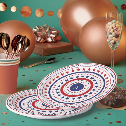 4th Of July Stars And Rings Monogram BBQ Party Paper Plates