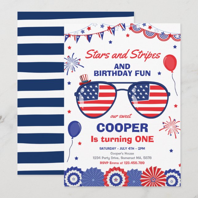 4th Of July Stars And Stripes 1st Birthday Invitation (Front/Back)