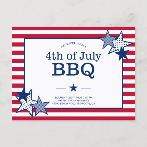 4th of July Stars and Stripes Modern Patriotic BBQ Invitation Postcard