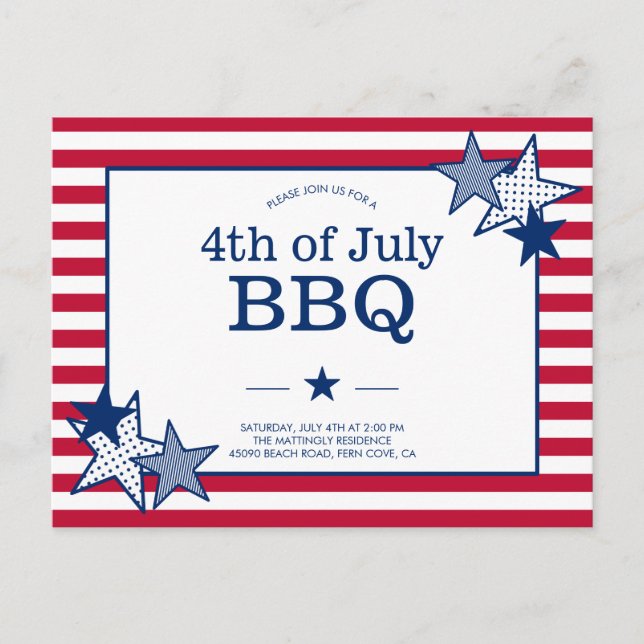 4th of July Stars and Stripes Modern Patriotic BBQ Invitation Postcard (Front)
