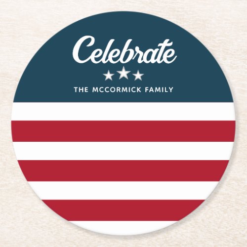 4th of July Stars And Stripes US Flag Family Name Round Paper Coaster