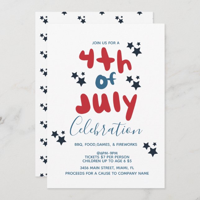  4th of July Stars BBQ  Bubble Letter Invitation   (Front/Back)