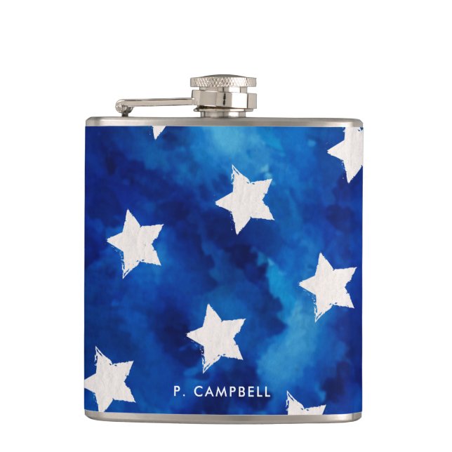 4th Of July Stars Blue Tie Dye Pattern Personalize Flask (Front)
