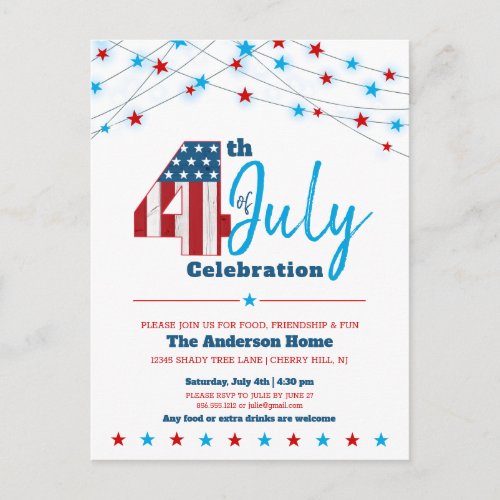4th of July Stars Stripes Flag Red White Blue BBQ Invitation Postcard