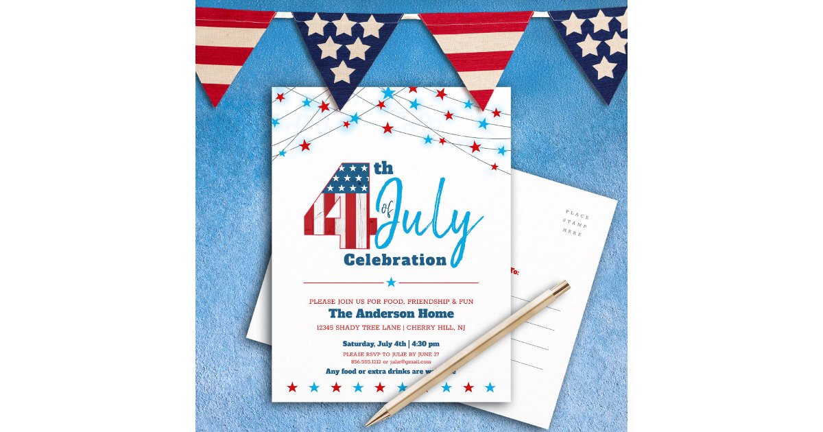 4th of July Stars Stripes Flag Red White Blue BBQ Invitation Postcard ...