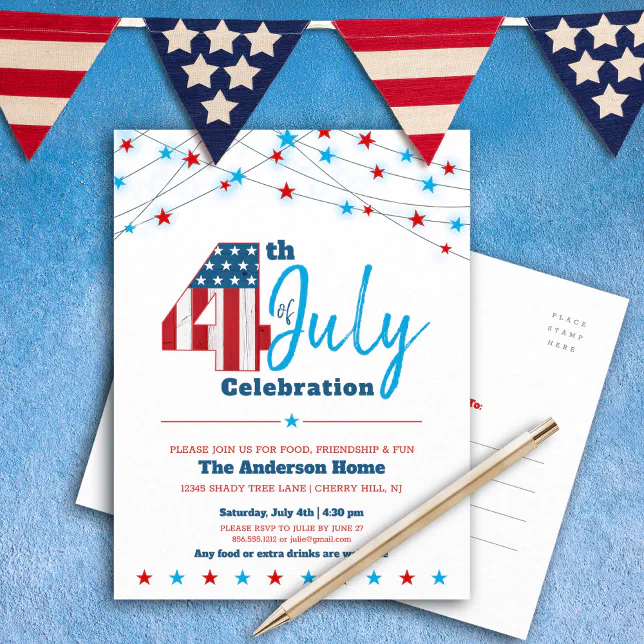 4th of July Stars Stripes Flag Red White Blue BBQ Invitation Postcard ...