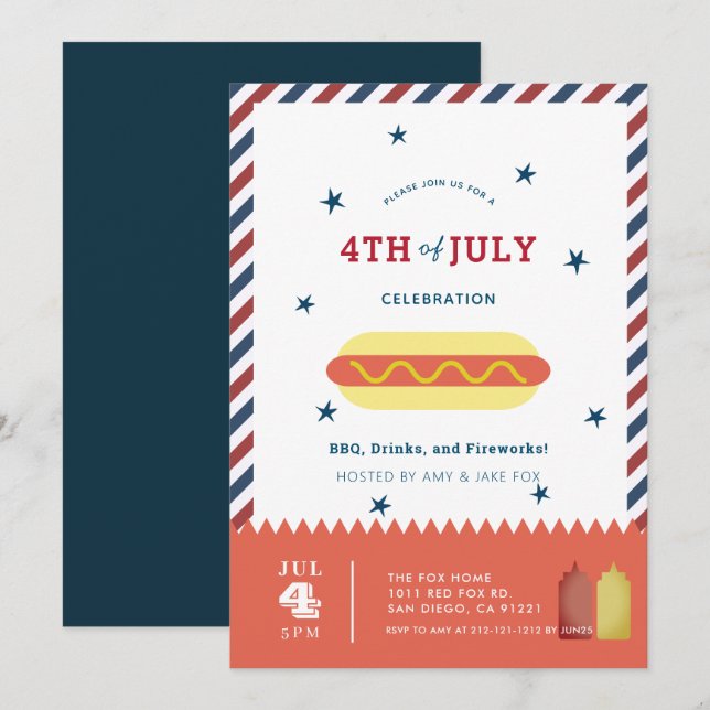 4th of July Stars & Stripes Hot Dog BBQ Invitation (Front/Back)